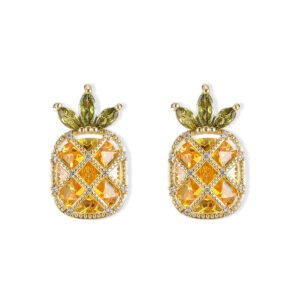 Sparkling pineapple stud earrings featuring marquise-cut crystal crown leaves, lattice fruit body, and micro-pavé accents in yellow, pink, and clear options.