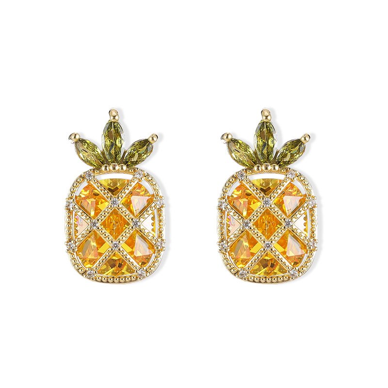 Sparkling pineapple stud earrings featuring marquise-cut crystal crown leaves, lattice fruit body, and micro-pavé accents in yellow, pink, and clear options.