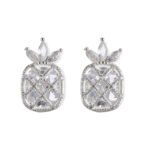 Sparkling pineapple stud earrings featuring marquise-cut crystal crown leaves, lattice fruit body, and micro-pavé accents in yellow, pink, and clear options.