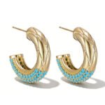 Chunky quilted diamond-pattern C-shaped half hoop earrings with a micro-set turquoise bead trim on the bottom edge, available in gold and silver metal finishes.
