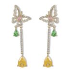 Butterfly CZ long dangle earrings featuring a micro-paved crystal butterfly top, asymmetric teardrop gemstone drops, and 925 sterling silver ear posts.