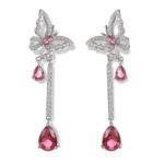Butterfly CZ long dangle earrings featuring a micro-paved crystal butterfly top, asymmetric teardrop gemstone drops, and 925 sterling silver ear posts.
