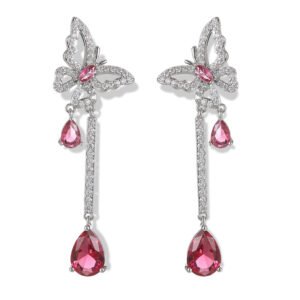 Butterfly CZ long dangle earrings featuring a micro-paved crystal butterfly top, asymmetric teardrop gemstone drops, and 925 sterling silver ear posts.