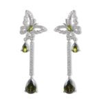 Butterfly CZ long dangle earrings featuring a micro-paved crystal butterfly top, asymmetric teardrop gemstone drops, and 925 sterling silver ear posts.