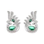 Sculpted peacock-shaped stud earrings set with vibrant pear-cut cubic zirconia stones and pavé feather details, available in emerald green, rose pink, and sapphire blue options.