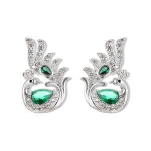 Sculpted peacock-shaped stud earrings set with vibrant pear-cut cubic zirconia stones and pavé feather details, available in emerald green, rose pink, and sapphire blue options.