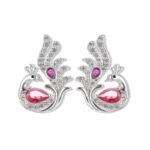 Sculpted peacock-shaped stud earrings set with vibrant pear-cut cubic zirconia stones and pavé feather details, available in emerald green, rose pink, and sapphire blue options.
