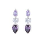 Three stone CZ drop dangle earrings featuring a pear-cut top stone, clear cushion-cut center, and teardrop bottom gem with 925 sterling silver posts