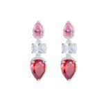 Three stone CZ drop dangle earrings featuring a pear-cut top stone, clear cushion-cut center, and teardrop bottom gem with 925 sterling silver posts