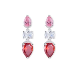 Three stone CZ drop dangle earrings featuring a pear-cut top stone, clear cushion-cut center, and teardrop bottom gem with 925 sterling silver posts