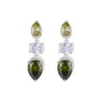 Three stone CZ drop dangle earrings featuring a pear-cut top stone, clear cushion-cut center, and teardrop bottom gem with 925 sterling silver posts