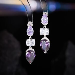 Three stone CZ drop dangle earrings featuring a pear-cut top stone, clear cushion-cut center, and teardrop bottom gem with 925 sterling silver posts