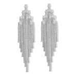 Long tassel CZ fringe drop earrings featuring multi-tier cubic zirconia waterfall chains, baguette crystal top, and 925 sterling silver posts.