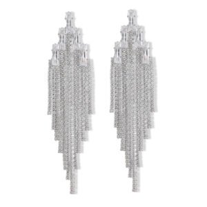 Long tassel CZ fringe drop earrings featuring multi-tier cubic zirconia waterfall chains, baguette crystal top, and 925 sterling silver posts.
