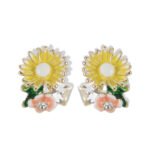 Enamel sunflower garden stud earrings featuring hand-painted enamel petals, green leaves, crystal accents, and 925 sterling silver posts