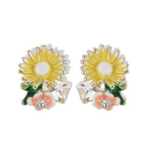 Enamel sunflower garden stud earrings featuring hand-painted enamel petals, green leaves, crystal accents, and 925 sterling silver posts