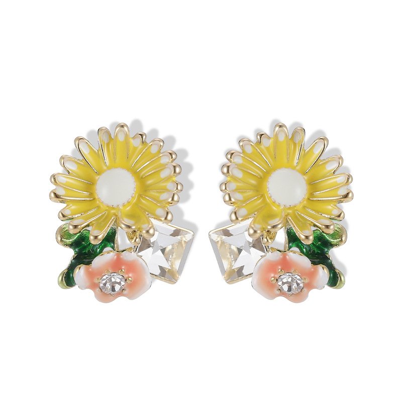 X-762 (1) Enamel sunflower garden stud earrings featuring hand-painted enamel petals, green leaves, crystal accents, and 925 sterling silver posts