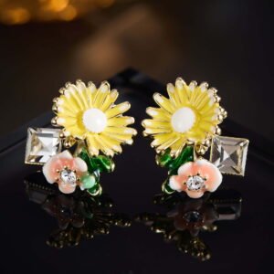 Enamel sunflower garden stud earrings featuring hand-painted enamel petals, green leaves, crystal accents, and 925 sterling silver posts