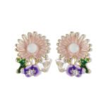 Enamel sunflower garden stud earrings featuring hand-painted enamel petals, green leaves, crystal accents, and 925 sterling silver posts