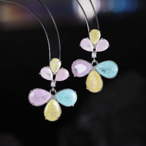 Ice flower CZ floral drop earrings featuring pear-cut textured ice-flower stones in a two-tier flower motif and 925 sterling silver ear posts