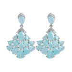 Pear-shaped crackle crystal chandelier drop earrings with pavé CZ accents, available in light blue, soft pink, and multicolor pastel tones.