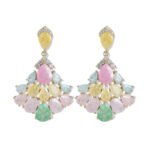 Pear-shaped crackle crystal chandelier drop earrings with pavé CZ accents, available in light blue, soft pink, and multicolor pastel tones.