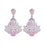 Pear-shaped crackle crystal chandelier drop earrings with pavé CZ accents, available in light blue, soft pink, and multicolor pastel tones.