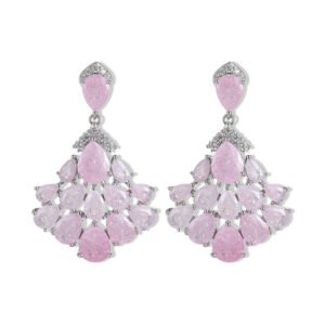 Pear-shaped crackle crystal chandelier drop earrings with pavé CZ accents, available in light blue, soft pink, and multicolor pastel tones.