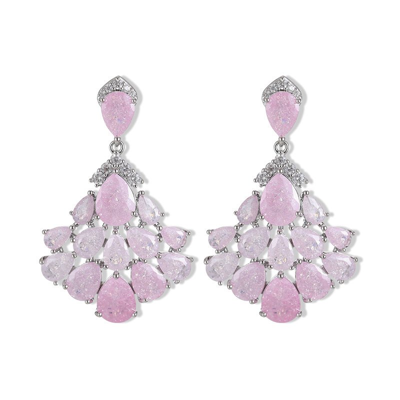 Pear-shaped crackle crystal chandelier drop earrings with pavé CZ accents, available in light blue, soft pink, and multicolor pastel tones.