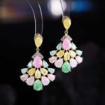 Pear-shaped crackle crystal chandelier drop earrings with pavé CZ accents, available in light blue, soft pink, and multicolor pastel tones.