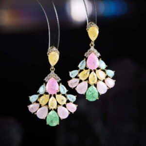 Pear-shaped crackle crystal chandelier drop earrings with pavé CZ accents, available in light blue, soft pink, and multicolor pastel tones.