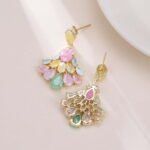Pear-shaped crackle crystal chandelier drop earrings with pavé CZ accents, available in light blue, soft pink, and multicolor pastel tones.