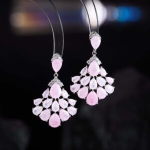 Pear-shaped crackle crystal chandelier drop earrings with pavé CZ accents, available in light blue, soft pink, and multicolor pastel tones.