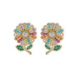 Sparkling CZ sunflower stud earrings wholesale featuring pave-set cubic zirconia flower petals, leafed stems, and 925 sterling silver posts available on junejewelry.com