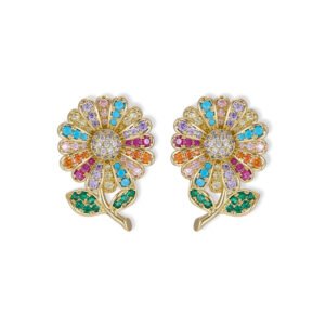 Sparkling CZ sunflower stud earrings wholesale featuring pave-set cubic zirconia flower petals, leafed stems, and 925 sterling silver posts available on junejewelry.com