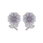 Sparkling CZ sunflower stud earrings wholesale featuring pave-set cubic zirconia flower petals, leafed stems, and 925 sterling silver posts available on junejewelry.com