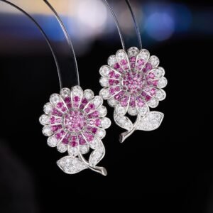 Sparkling CZ sunflower stud earrings wholesale featuring pave-set cubic zirconia flower petals, leafed stems, and 925 sterling silver posts available on junejewelry.com