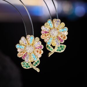 Sparkling CZ sunflower stud earrings wholesale featuring pave-set cubic zirconia flower petals, leafed stems, and 925 sterling silver posts available on junejewelry.com