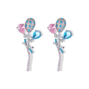 Floating balloon bouquet CZ drop earrings with pavé ribbon stems, teardrop gems, micro-set balloons, and 925 sterling silver posts