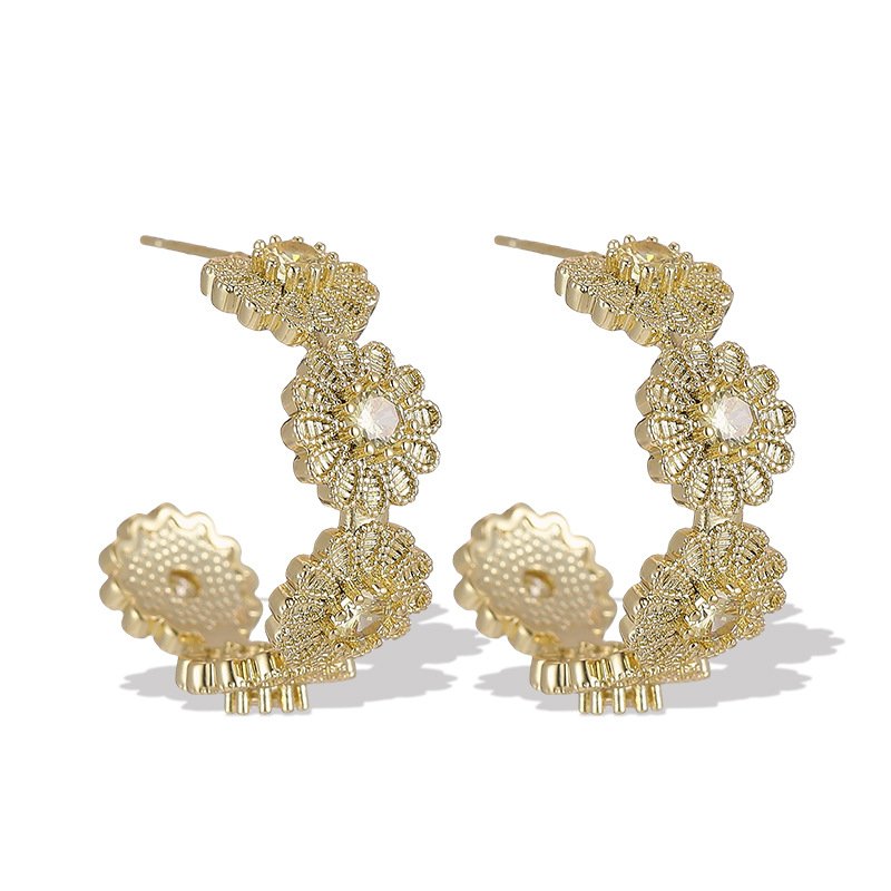 X-804 (1) Turquoise CZ flower hoop earrings featuring textured floral blossoms with turquoise centers, micro-paved cubic zirconia, and 925 sterling silver ear posts