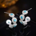 Turquoise CZ flower hoop earrings featuring textured floral blossoms with turquoise centers, micro-paved cubic zirconia, and 925 sterling silver ear posts