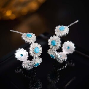 Turquoise CZ flower hoop earrings featuring textured floral blossoms with turquoise centers, micro-paved cubic zirconia, and 925 sterling silver ear posts