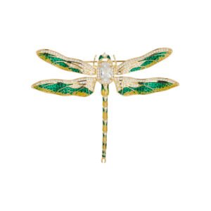 Enamel dragonfly brooch wholesale featuring gradient green and yellow plique-à-jour style enamel wings, micro-pavé CZ borders, and a cushion emerald-cut crystal center from junejewelry.com