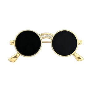 Sunglasses brooch wholesale featuring round black lenses, gold-plated wire frame, and cubic zirconia paved bridge accent from junejewelry.com
