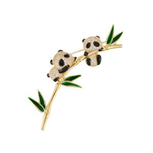 Panda bamboo brooch wholesale featuring two pavé cubic zirconia pandas clinging to a gold-plated bamboo stalk with green enamel leaves from junejewelry.com