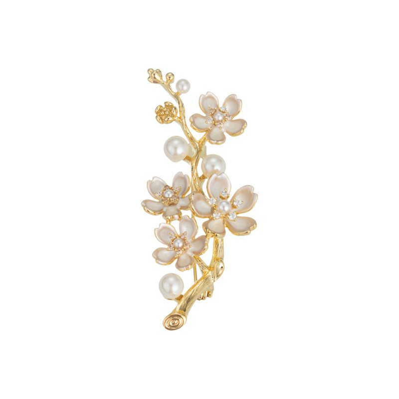 XC05966 (5) Delicate plum blossom pearl brooch wholesale featuring enamel floral petals, cz crystal pistils, and pearl accents on a gold-plated branch from junejewelry.com