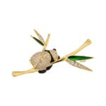 Playful Chinese style panda bamboo branch CZ brooch wholesale featuring a micro-pave cubic zirconia panda hugging a gold-plated bamboo stalk with green enamel and pave crystal leaves from junejewelry.com