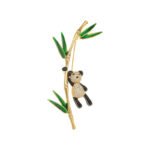 Playful Chinese style panda bamboo CZ brooch wholesale featuring a micro-pave cubic zirconia panda climbing a gold-plated bamboo stalk with vibrant green enamel leaves from junejewelry.com