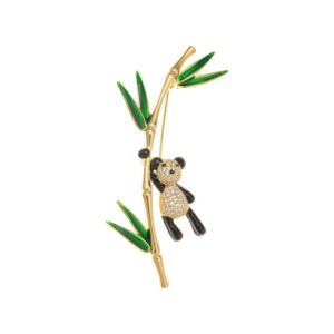Playful Chinese style panda bamboo CZ brooch wholesale featuring a micro-pave cubic zirconia panda climbing a gold-plated bamboo stalk with vibrant green enamel leaves from junejewelry.com