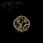 Orchid brooch wholesale featuring a circular micro-pavé frame enclosing pink enamel orchid blossoms and green enamel leaves in gold plating from junejewelry.com